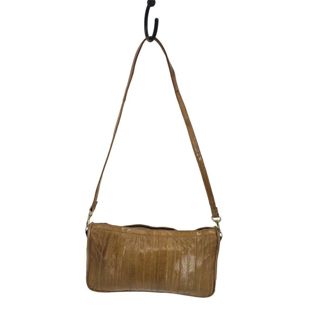 70's Shoulder Bag Eel Skin Leather Golden Tan Striped‎ Textured Rectangle Zip